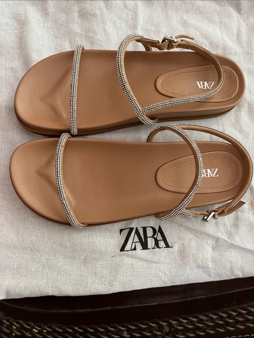 ZARA Tan Flat Sandals with Sparkling Straps size 8 but run 7.5 , brand new Spain